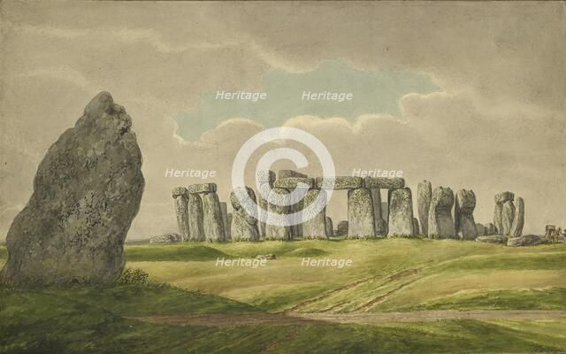 Stonehenge from the N.E., showing ruins and heel stone with cart, horse, person, 1824-1839. Artist: Henry Browne.