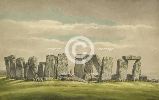 Stonehenge from the N.W., showing ruins with man and dog, 1824-1839. Artist: Henry Browne.