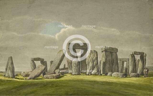Stonehenge from the S.E, showing stones in ruined state with 2 visitors, 1824-1839. Artist: Henry Browne.