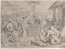 Stonemasons carving the arms of the Bolognese Cardinal Petro Vidono, under his direction, ..., 1663. Creator: Anon
