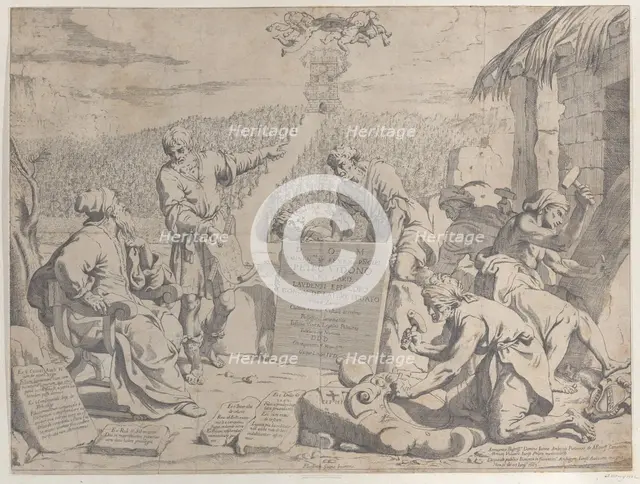 Stonemasons carving the arms of the Bolognese Cardinal Petro Vidono, under his direction, ..., 1663. Creator: Anon.