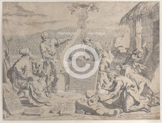 Stonemasons carving the arms of the Bolognese Cardinal Petro Vidono, under his direction, ..., 1663. Creator: Anon.