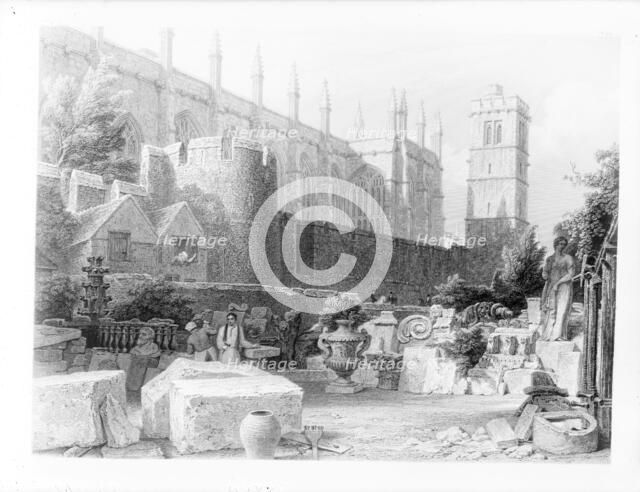 Stonemasons at work in front of the chapel at New College, Oxford, Oxfordshire. Artist: Unknown