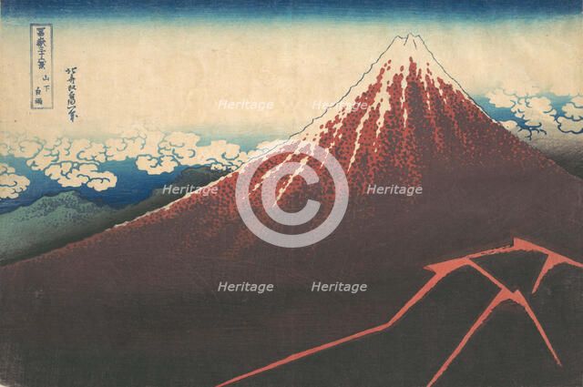 Storm below Mount Fuji (Sanka no haku u), from the series Thirty-six Views of Mount..., ca. 1830-32. Creator: Hokusai.