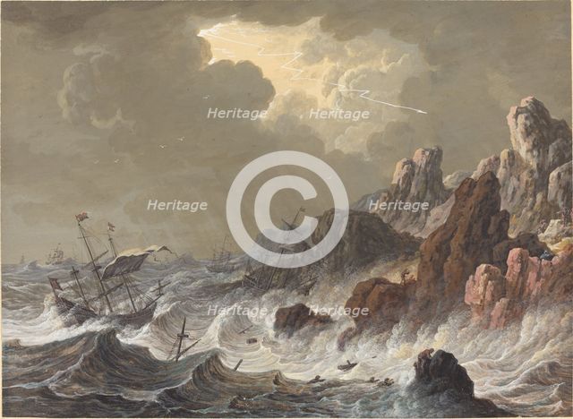 Storm-Tossed Ships Wrecked on a Rocky Coast. Creator: Johann Christoph Dietzsch.