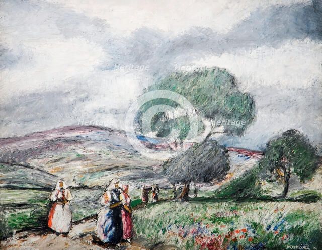 Stormy Landscape With Blue And Red Figures, 1940. Creator: Karoly Kotasz.