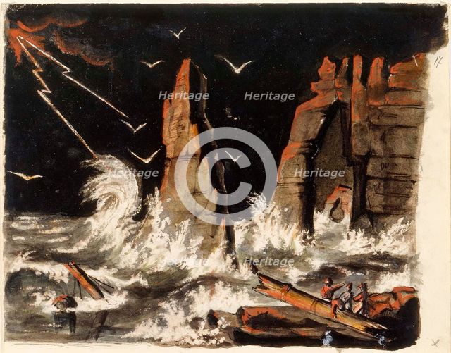Stormy seascape with shipwrecks, steep rock formation in the middle, 1850-1855. Creator: Karl Anders Ekman.
