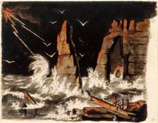Stormy seascape with shipwrecks, steep rock formation in the middle, 1850-1855. Creator: Karl Anders Ekman