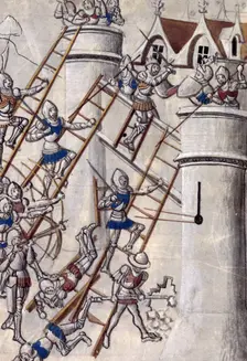 Storming a castle by escalade, c1470. Creator: Unknown