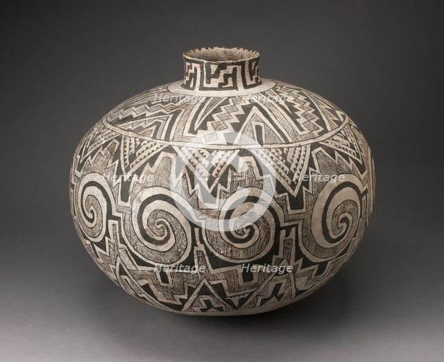 Storage Jar (Olla) with Black, White, and Hathed Linked Scrolls, Triangles, and Stepped..., A.D. 950 Creator: Unknown.