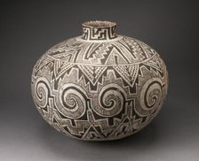 Storage Jar (Olla) with Black, White, and Hathed Linked Scrolls, Triangles, and Stepped..., A.D. 950 Creator: Unknown