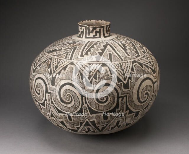 Storage Jar (Olla) with Black, White, and Hathed Linked Scrolls, Triangles, and Stepped..., A.D. 950 Creator: Unknown.