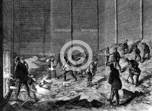 Storing ice in insulated sheds at Charles's Ice Store, Chelsea, London, 1861. Artist: Unknown