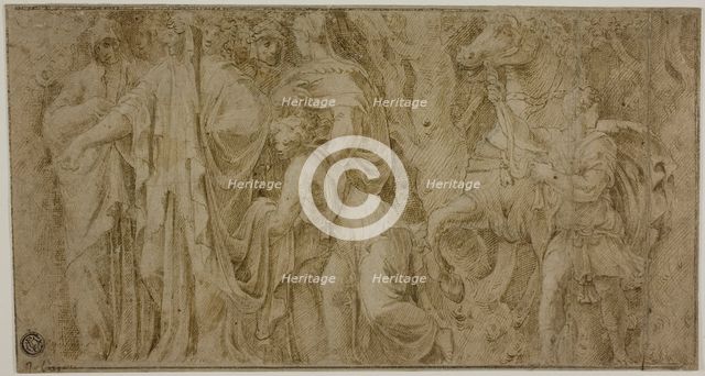 Story of Niobe: Niobe Receiving Gifts from Worshippers; Youth with Horse, n.d. Creator: Unknown.