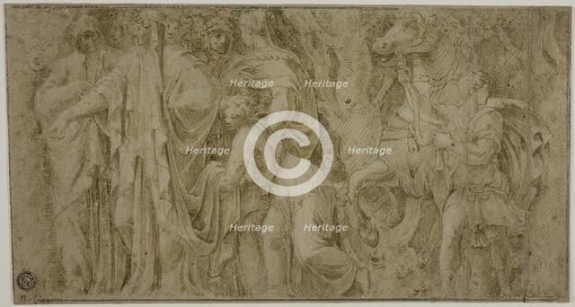 Story of Niobe: Niobe Receiving Gifts from Worshippers; Youth with Horse, n.d. Creator: Unknown.