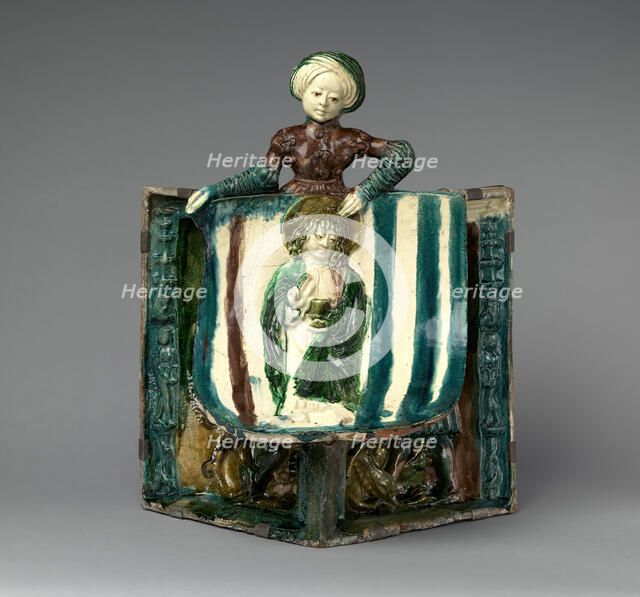 Stove Tile with Saint John the Evangelist and Samson, Hungarian, late 15th century. Creator: Unknown.