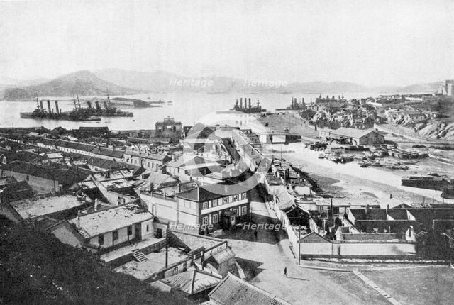 Stranded Russian battleships at Port Arthur days before its fall, Russo-Japanese War, 1904. Artist: Unknown