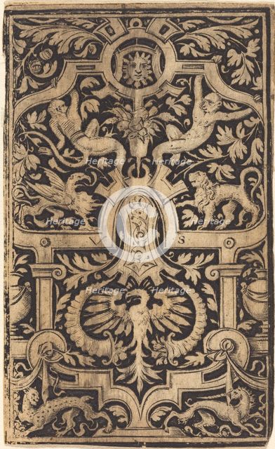 Strapwork and Foliage Ornament on Dark Ground with Monkeys and other Animals. Creator: Virgil Solis.