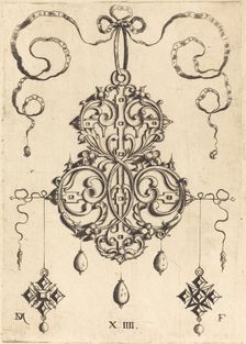Strapwork Pendant with Three Drops and Two Cross-Shaped Pendants as Earrings at Left and Right. Creator: Daniel Mignot