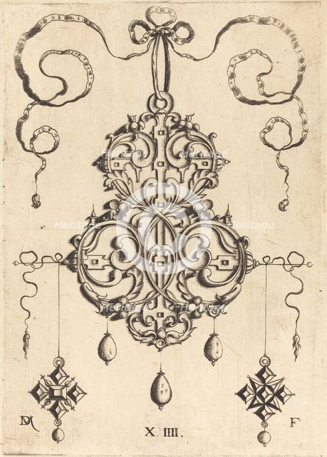Strapwork Pendant with Three Drops and Two Cross-Shaped Pendants as Earrings at Left and Right. Creator: Daniel Mignot.