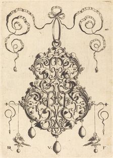 Strapwork Pendant with Two Birds as Earrings at Left and Right. Creator: Daniel Mignot