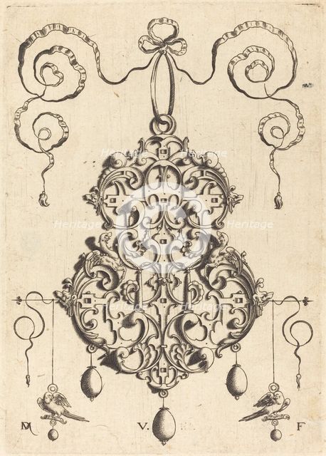 Strapwork Pendant with Two Birds as Earrings at Left and Right. Creator: Daniel Mignot.