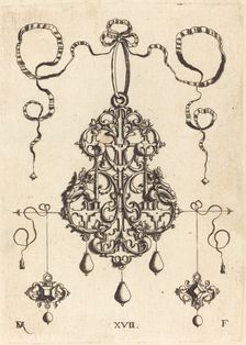 Strapwork Pendant with Two Square Tablestonesas Earrings at Left and Right. Creator: Daniel Mignot