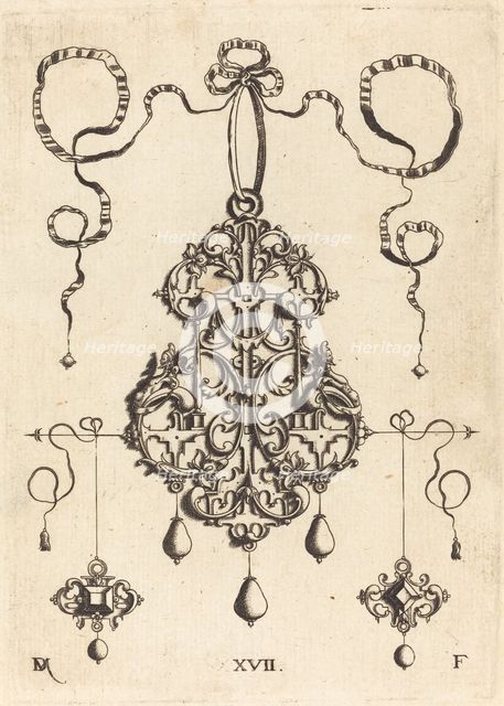 Strapwork Pendant with Two Square Tablestonesas Earrings at Left and Right. Creator: Daniel Mignot.