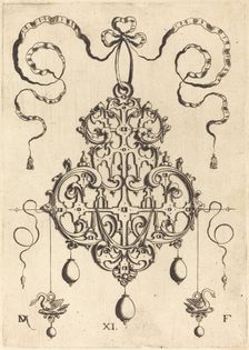 Strapwork Pendant with Two Swans as Earrings at Left and Right. Creator: Daniel Mignot