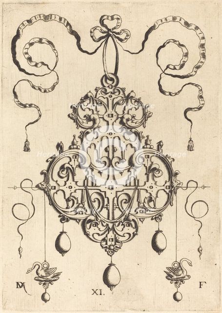 Strapwork Pendant with Two Swans as Earrings at Left and Right. Creator: Daniel Mignot.