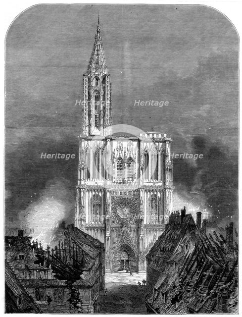 Strasbourg Cathedral during the final bombardment of the city, Franco-Prussian War, 1870. Artist: Unknown