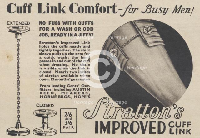 Stratton's Improved Cuff Link, 1937. Artist: Unknown