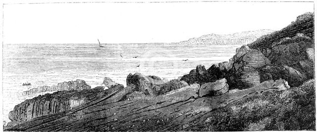 Strata of red sandstone, slightly inclined, Siccar Point, Berwickshire 1852. Creator: Charles Lyell.