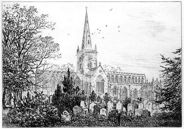 Stratford church as seen from the north, Stratford-upon-Avon, Warwickshire, 1885.Artist: Edward Hull