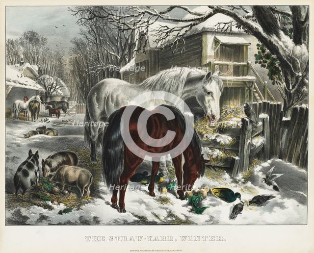 Straw-yard, Winter, 1800s. Creator: James Merritt Ives (American, 1824-1895), and ; Nathaniel Currier (American, 1813-1888).