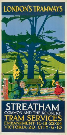 Streatham Common and the Rookery London County Council (LCC) Tramways poster, 1927. Artist: Tony Castle