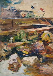 Stream bank with chickens, undated. (c1920s) Creator: Demeter Koko