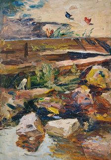 Stream bank with chickens, undated. (c1920s) Creator: Demeter Koko