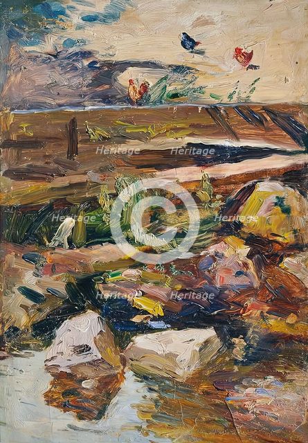Stream bank with chickens, undated. (c1920s) Creator: Demeter Koko.