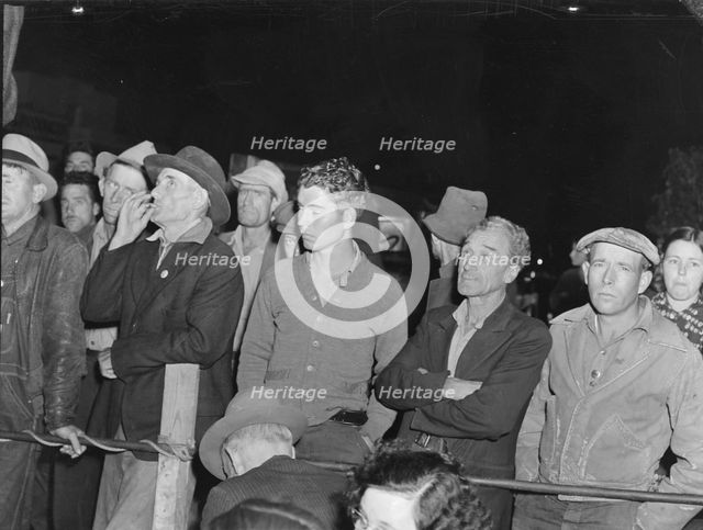 Street meeting at night...outside of Shafter, California, 1938. Creator: Dorothea Lange.