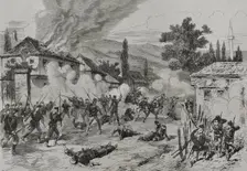 Street fighting between Austro-Hungarian troops and insurgents, Sarajevo, 19 August 1878 (1878). Creator: Andrés Ovejero