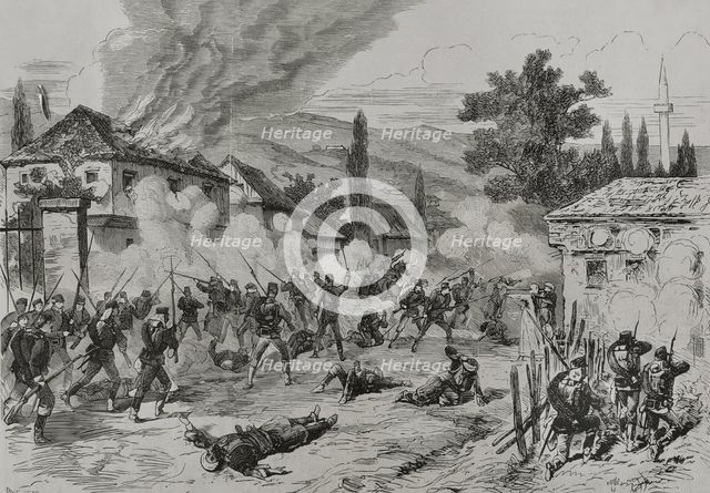 Street fighting between Austro-Hungarian troops and insurgents, Sarajevo, 19 August 1878 (1878).  Creator: Andrés Ovejero.