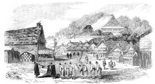 Street in Hakodade, and funeral procession, 1856. Creator: Unknown