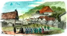 Street in Hakodate, and funeral procession, Japan, 1856