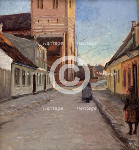 Street in Koge with Nicolai church on the left, 1898. Creator: Albert Gottschalk.