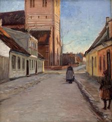 Street in Koge with Nicolai church on the left, 1898. Creator: Albert Gottschalk