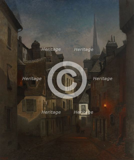 Street in Quimper, Brittany, Nocturnal View, 1874. Creator: Oscar Kleineh.