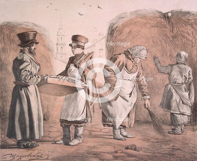 Street Pedlar of Pies and Coachman (From the Series These Are Our People), 1842. Artist: Shchedrovsky, Ignati Stepanovich (1815-1870)