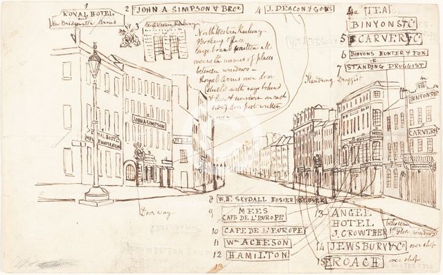 Street Perspective with Places of Business Labeled. Creator: George Cruikshank.