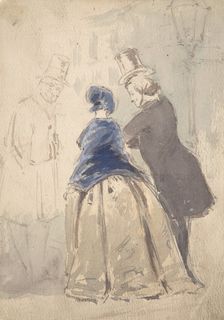 Street Scene from Vanity Fair, with Amelia, George Osborne and Dobbin (recto)..., 1800-1819. Creator: (?) Jerry Barret